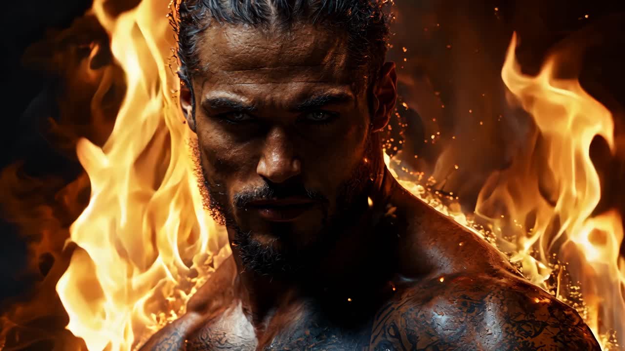 A man with a muscular body is standing in front of a fire. The fire is very large and is surrounding the man. The man is wearing a black shirt and has tattoos on his arms