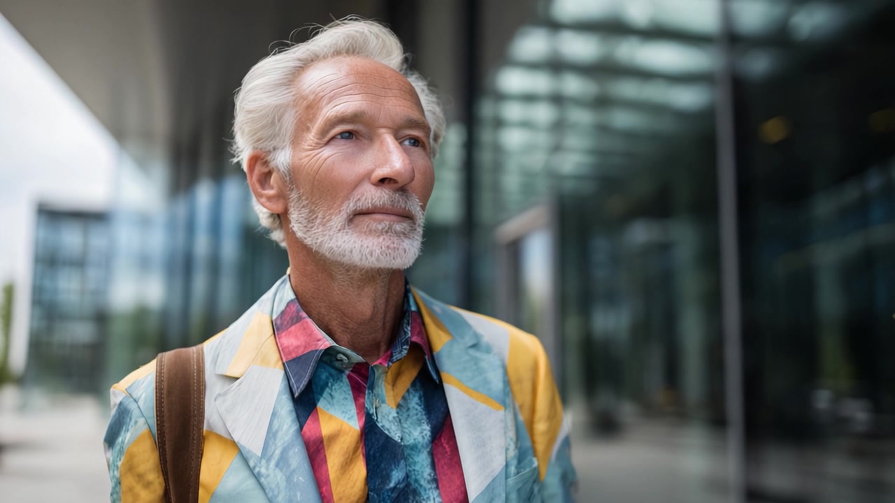 Uomo anziano con un abito colorato cammina con sicurezza e un'espressione pensierosa, circondato da moderna architettura in vetro in un vivace ambiente urbano.