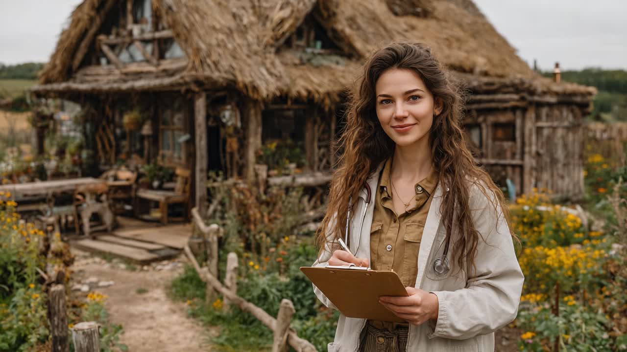 Una giovane donna in un giardino lussureggiante si trova fuori da un rustico cottage con tetto di paglia, tenendo in mano un blocco appunti e sorridendo, incarnando uno stile di vita sereno e immerso nella natura