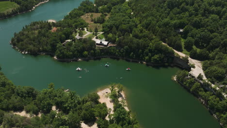 Beaver-lake-aerial-bird's-eye-view-with-many-motor-boats-on-a-sunny-summer-day