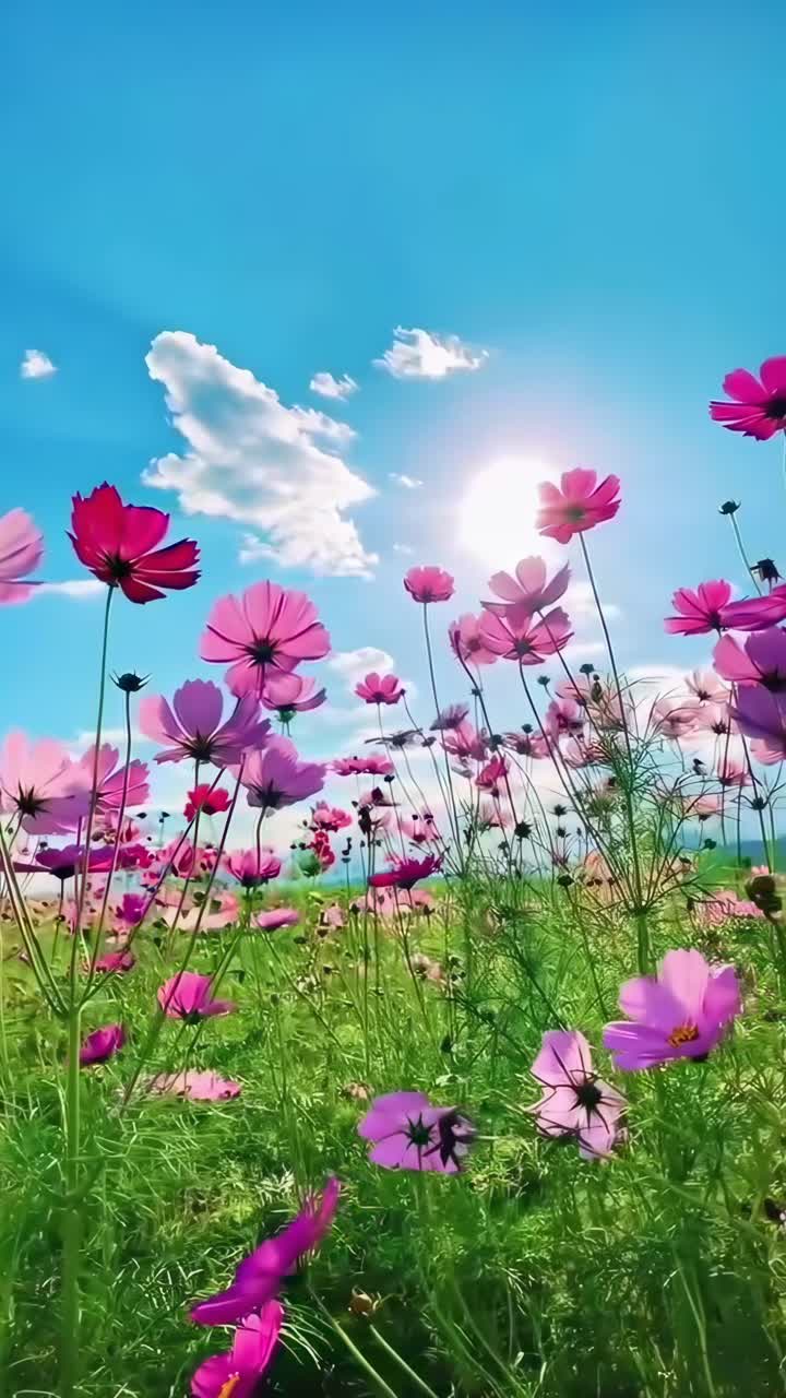 Video ripreso da un'angolazione bassa di vibranti fiori rosa sotto un cielo azzurro brillante, che cattura una giornata di sole.