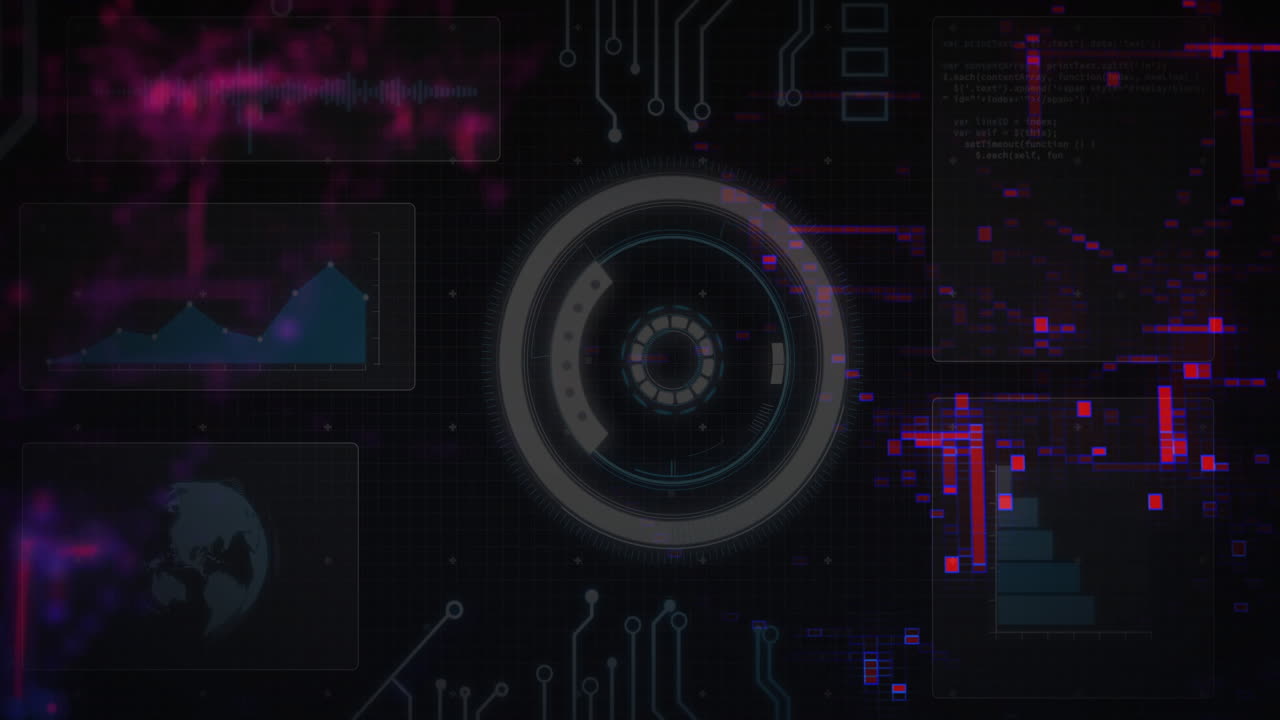 Central circular HUD element rotating over grid, showing circuit traces and floating data panels