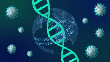 animación de cadenas de adn y células de virus en todo el mundo con procesamiento de datos en fondo azul