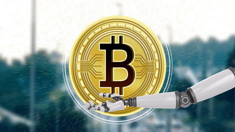 robot con la mano sosteniendo el símbolo de bitcoin, animación de moneda digital sobre el paisaje urbano borroso