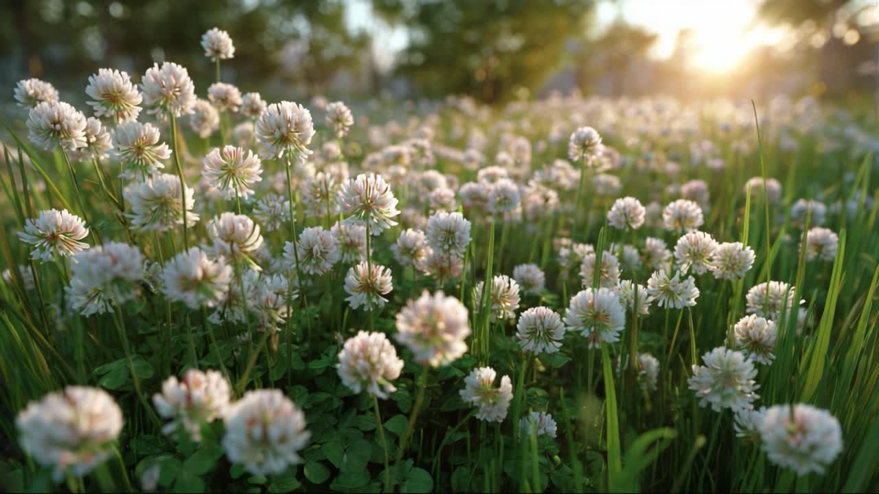 A Breathtaking Sunrise Over a Lush Field of Clover Flowers, Emphasizing the Beauty of Nature in Full Bloom with Glowing Sunlight and Vivid Greenery