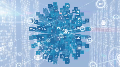 animation of network of connections with icons over blue background