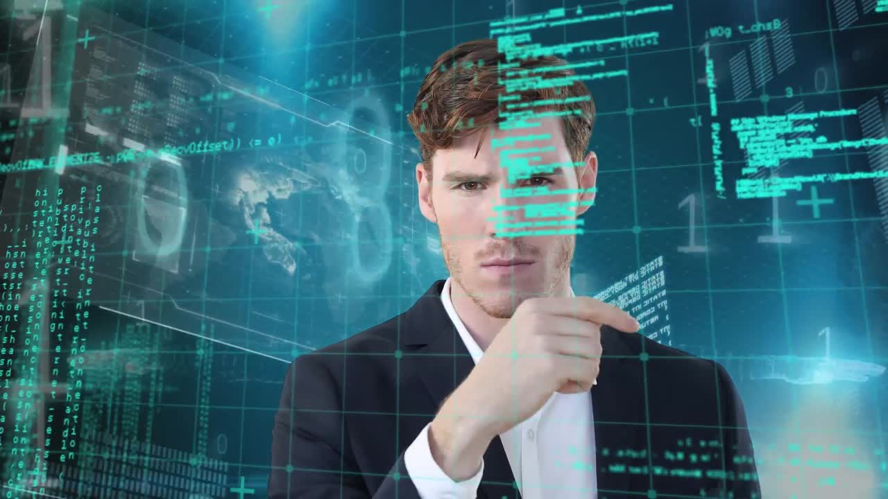 검은색 배경에 백인 사업가에 대한 데이터 처리의 애니메이션