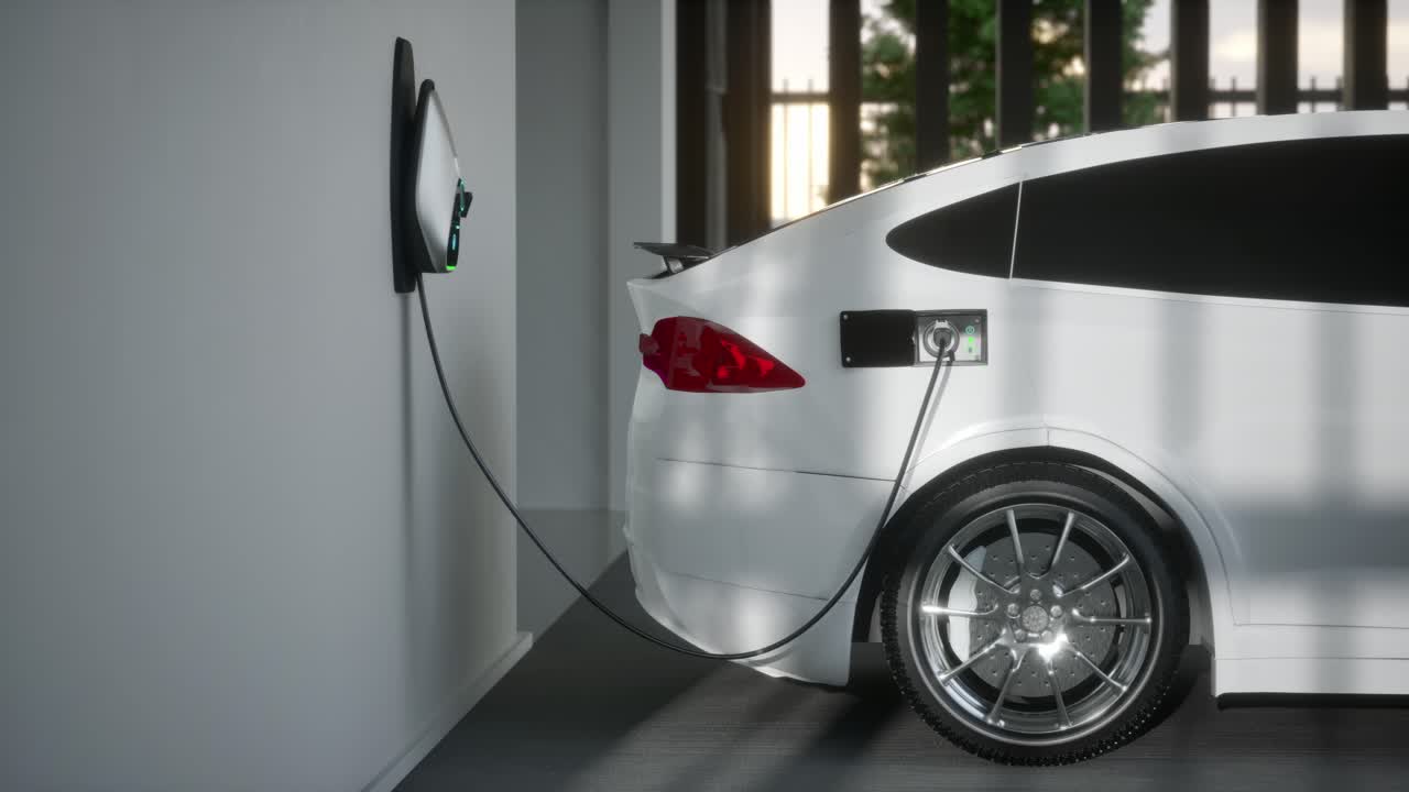 Electric Car Recharging From Home Charging Station By Futuristic Ev Charger. Cutting-Edge Technology Advancement Of Ev Car And Smart Home Renewable Energy Infrastructure For Sustainable Power