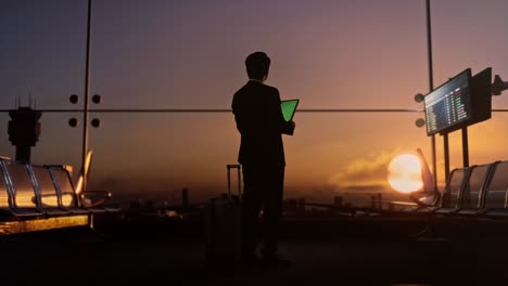 vista trasera completa del cuerpo de un hombre de negocios asiático con una maleta rodante en la sala de embarque del aeropuerto, usando una tableta de pantalla verde mientras espera el vuelo, el avión despega fuera de la ventana al atardecer
