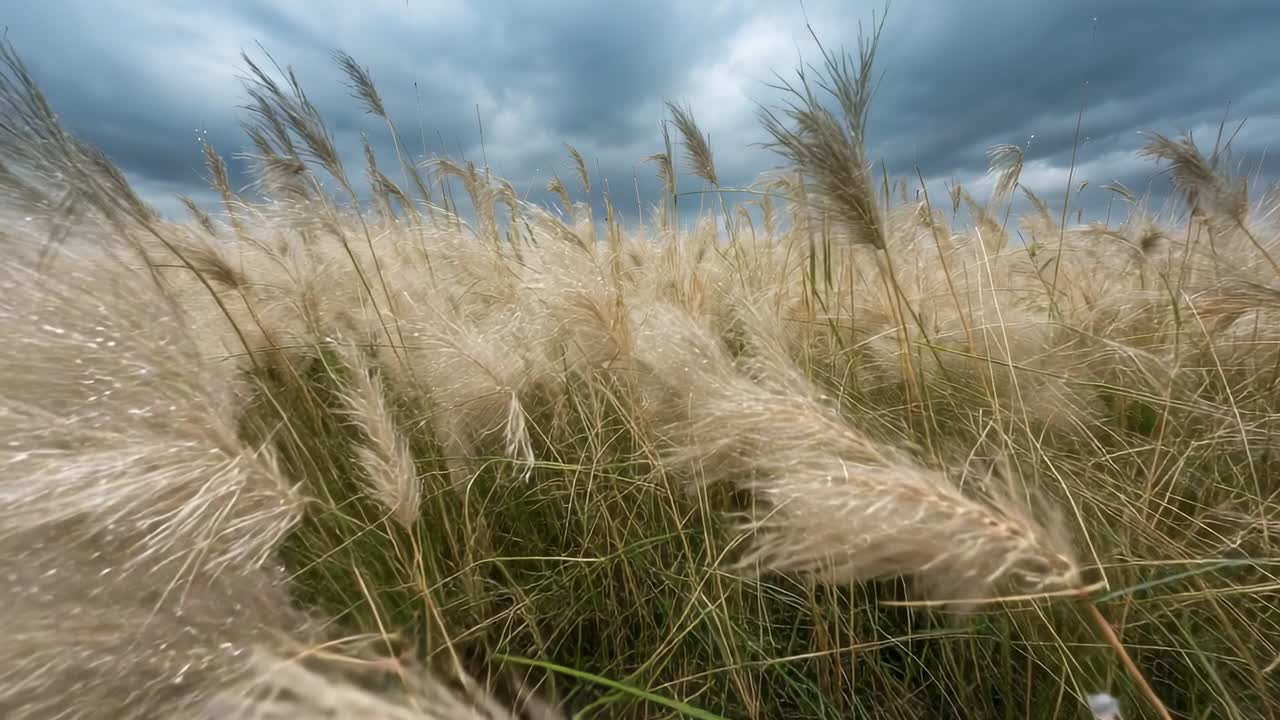 Huojuvat korkeat höyhenmäiset ruohonkorsien siemenkodat taipuvat tuulenpuuskista niityllä, pisarat kimaltelevat.