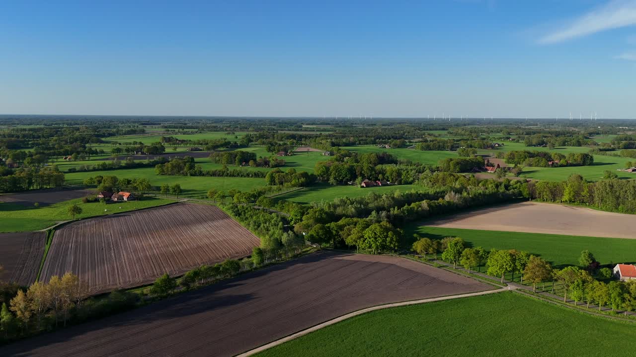 Vibrant scenic landscape with Farm fields and green trees in spring. American agricultural countryside with forest. Aerial forward wide shot. Blue sky and sunlight in USA. Peaceful farmers house.
