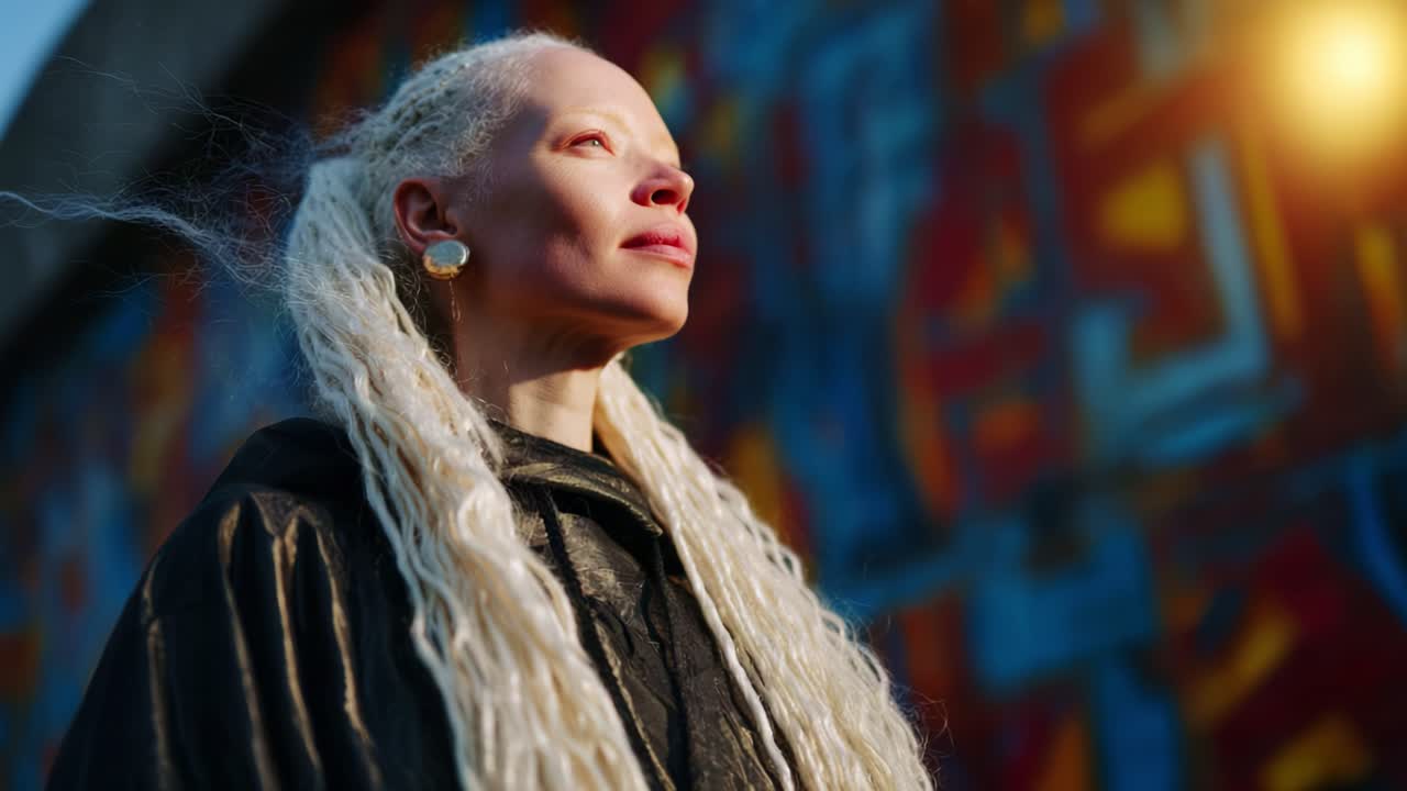 Captivating Portrait of a Woman with Long White Hair Against a Vibrant Graffiti Wall, Representing Strength, Beauty, and Individuality in Artistic Urban Settings