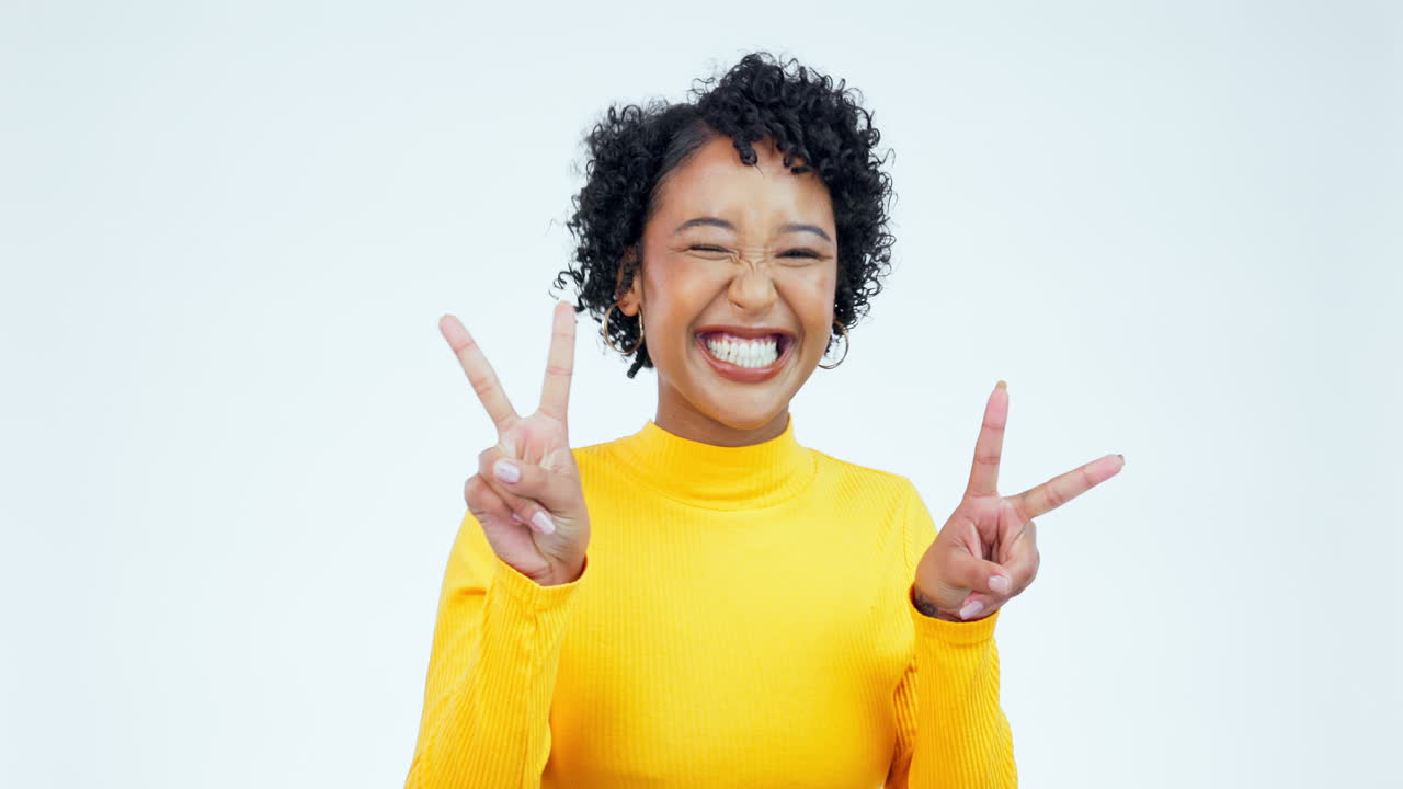 Face, excited and woman with peace sign