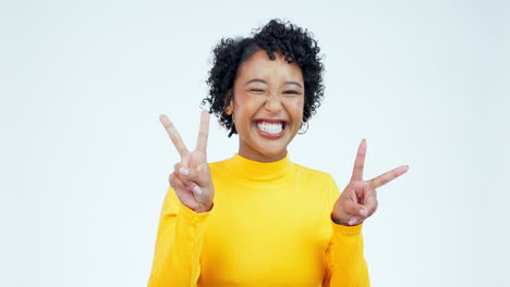 face, excited and woman with peace sign