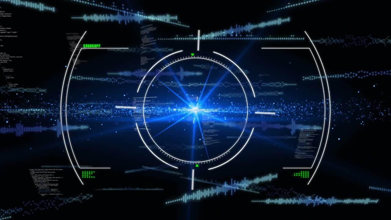 Upon core intensifying HUD rings pulsing outward while code streams and waveforms showing data flow