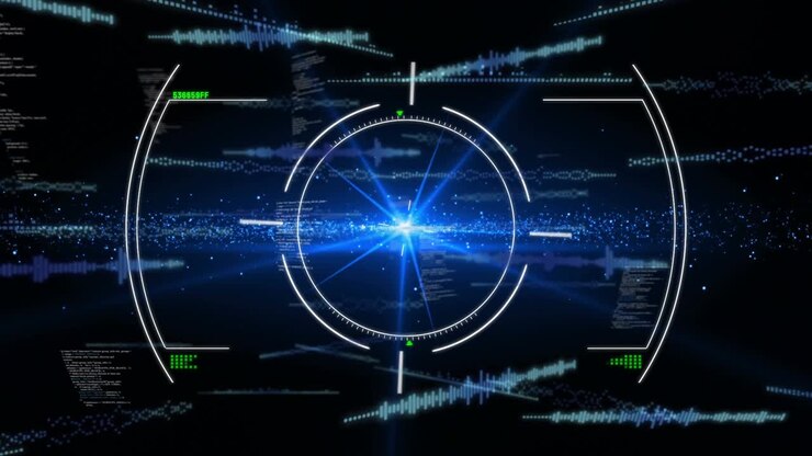 HUD-ringe intensiveres og pulserer udad, mens kodest streams og bølgeformer viser dataflow