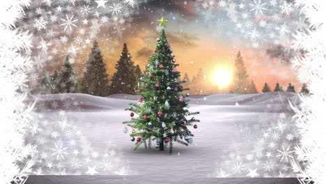 Snow-falling-over-christmas-tree-on-winter-landscape-against-multiple-star-icons