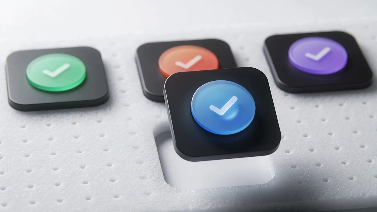 Spring pushing blue cap with white checkmark upward from dotted white panel, revealing recess
