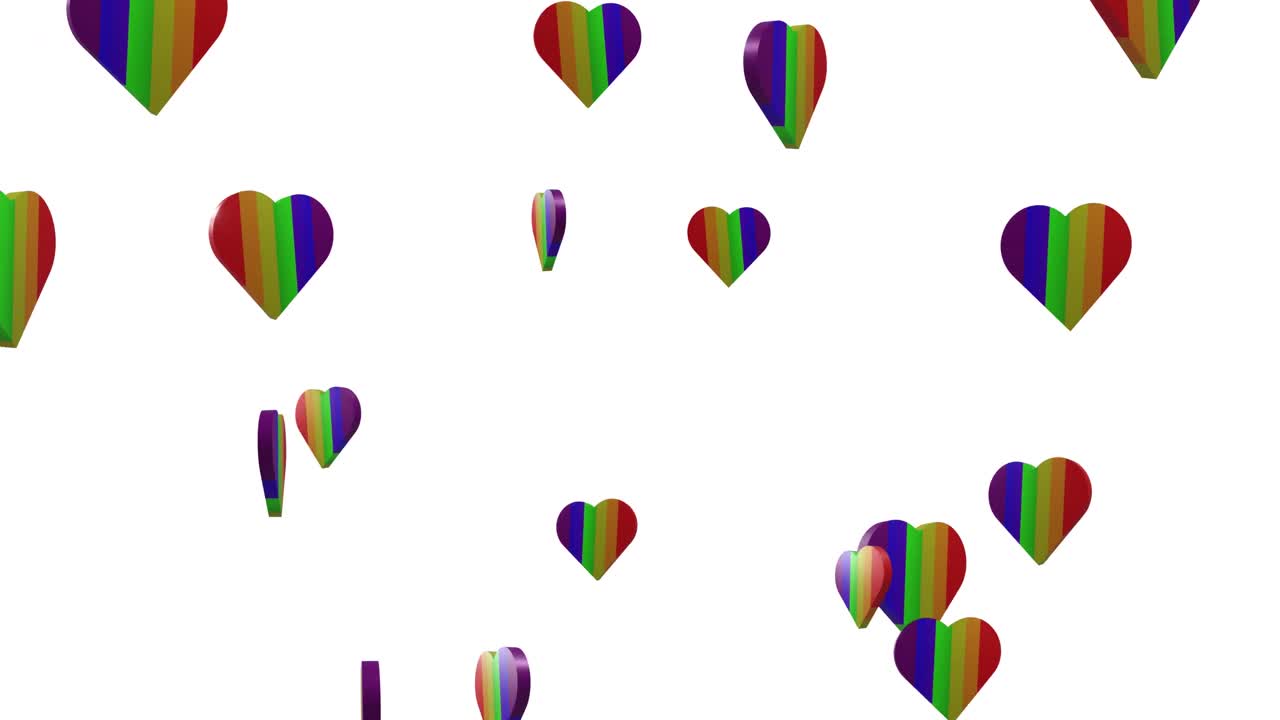 animación de corazones de arco iris que se mueven sobre un fondo blanco