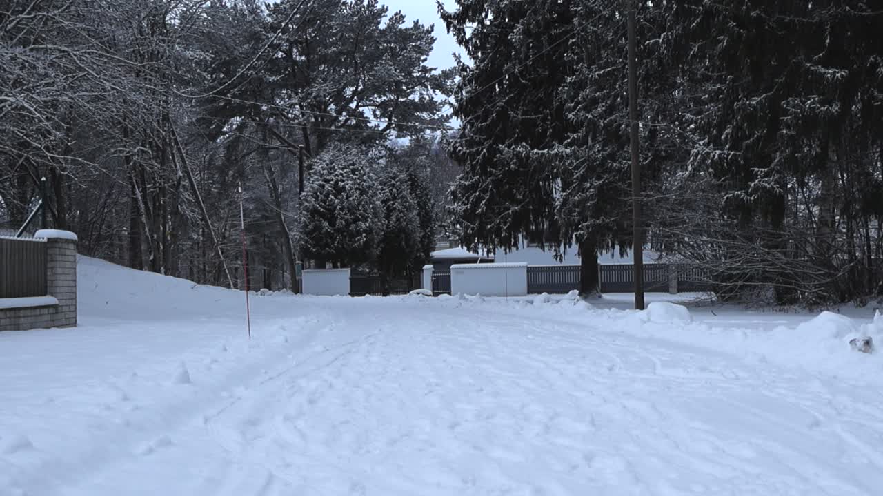 Gorgeous white thick and fluffy snow covered street during winter time cloudy day in Laagri Estonia during a cold day. Pine and birch trees are on the sides with fences, footage is filmed at low angle