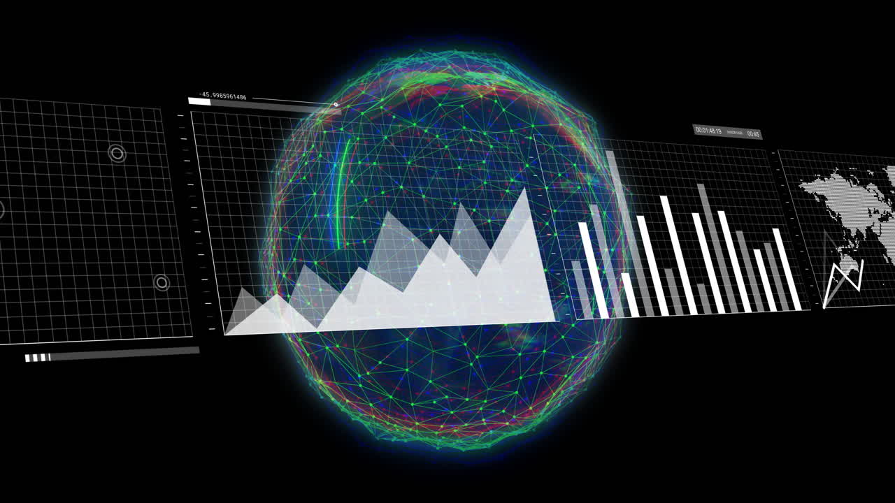 animación del procesamiento de datos sobre el globo sobre fondo negro