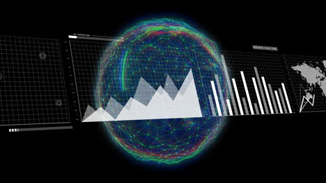 Animation-of-data-processing-over-globe-on-black-background