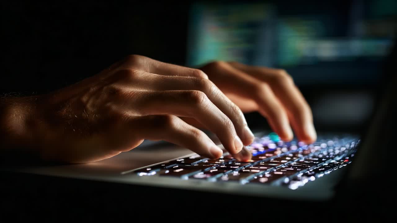 Illuminated hands poised over a laptop keyboard, showcasing the dynamic nature of typing as colorful backlights highlight the fingers and demonstrate proficiency and focus in a darkened environment