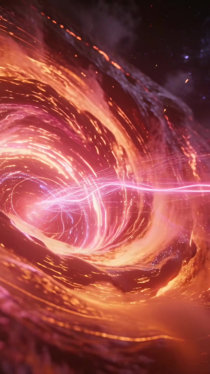 Video verticale: Telecamera che avanza entrando in un vortice nello spazio, avvicinandosi a un nastro rosa luminoso.