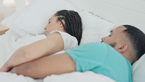 couple, hug and sleeping in home bedroom