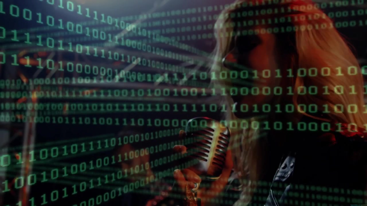 Binary code scrolling revealing vocalist figure while raising microphone and singing in tech studio