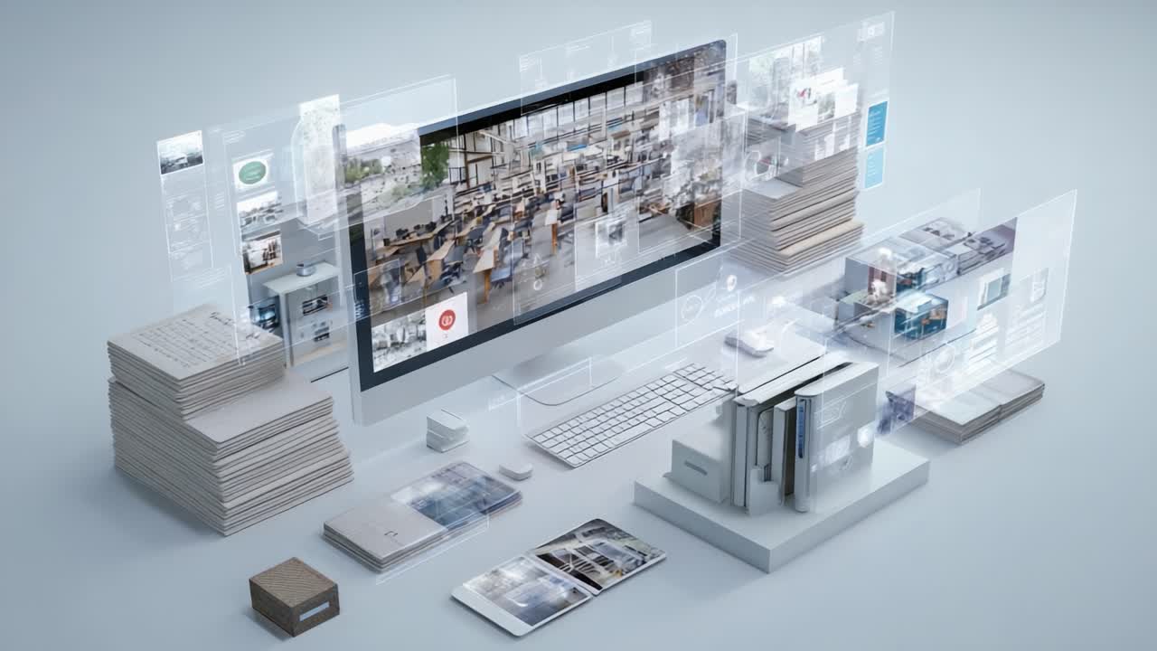 Digital Workspace Evolution: A High-Tech Office Environment with Virtual Displays, Digital Documents, and Modern Technology Enhancing Productivity and Collaboration in a Contemporary Setting