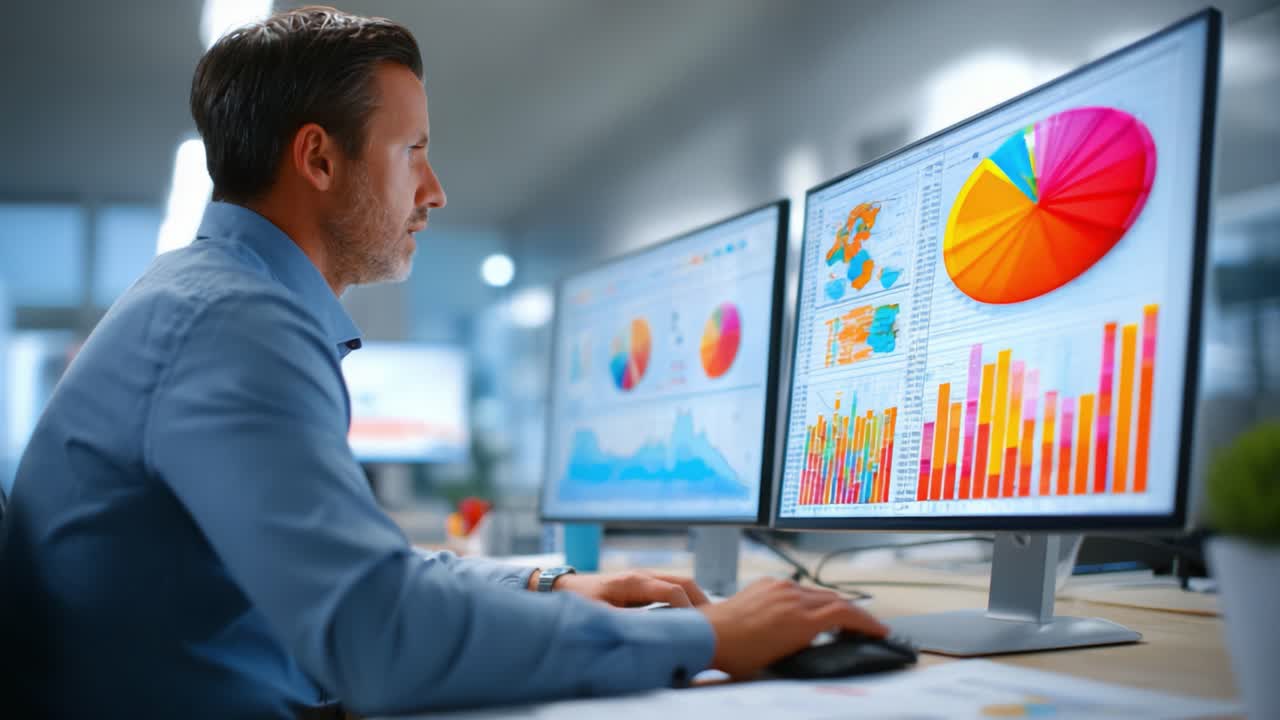 Professional Data Analyst Analyzing Complex Graphs and Charts on Dual Monitors, Focusing on Business Metrics and Performance Visualizations in a Modern Workspace