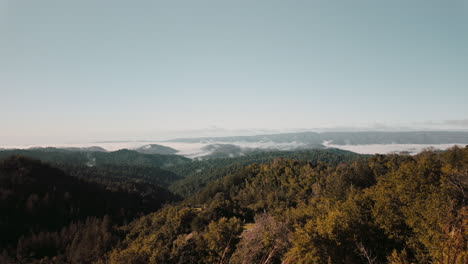 Toma-Panorámica-Lenta-De-La-Vista-De-Las-Montañas-De-Santa-Cruz-Con-Un-Mar-De-árboles-Y-Nubes-Bajas