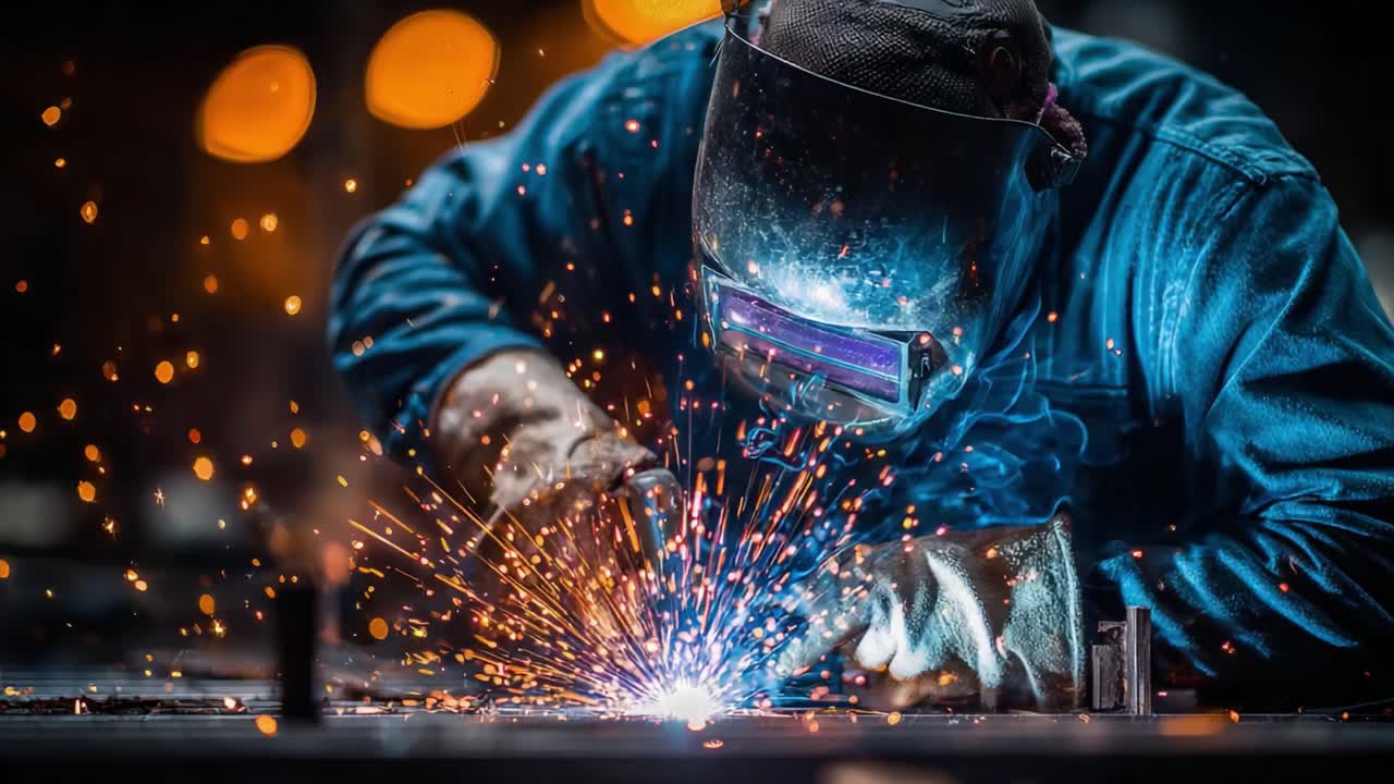 A Skilled Welder at Work: Capturing the Intense Moment of Metal Fusion Under a Dazzling Display of Sparks and Glow in an Industrial Environment