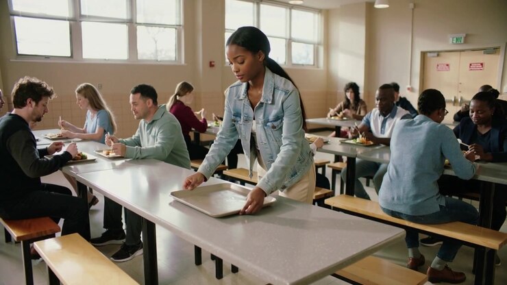 Entering cafeteria, student in denim jacket carrying metal tray walking to table, claiming seat