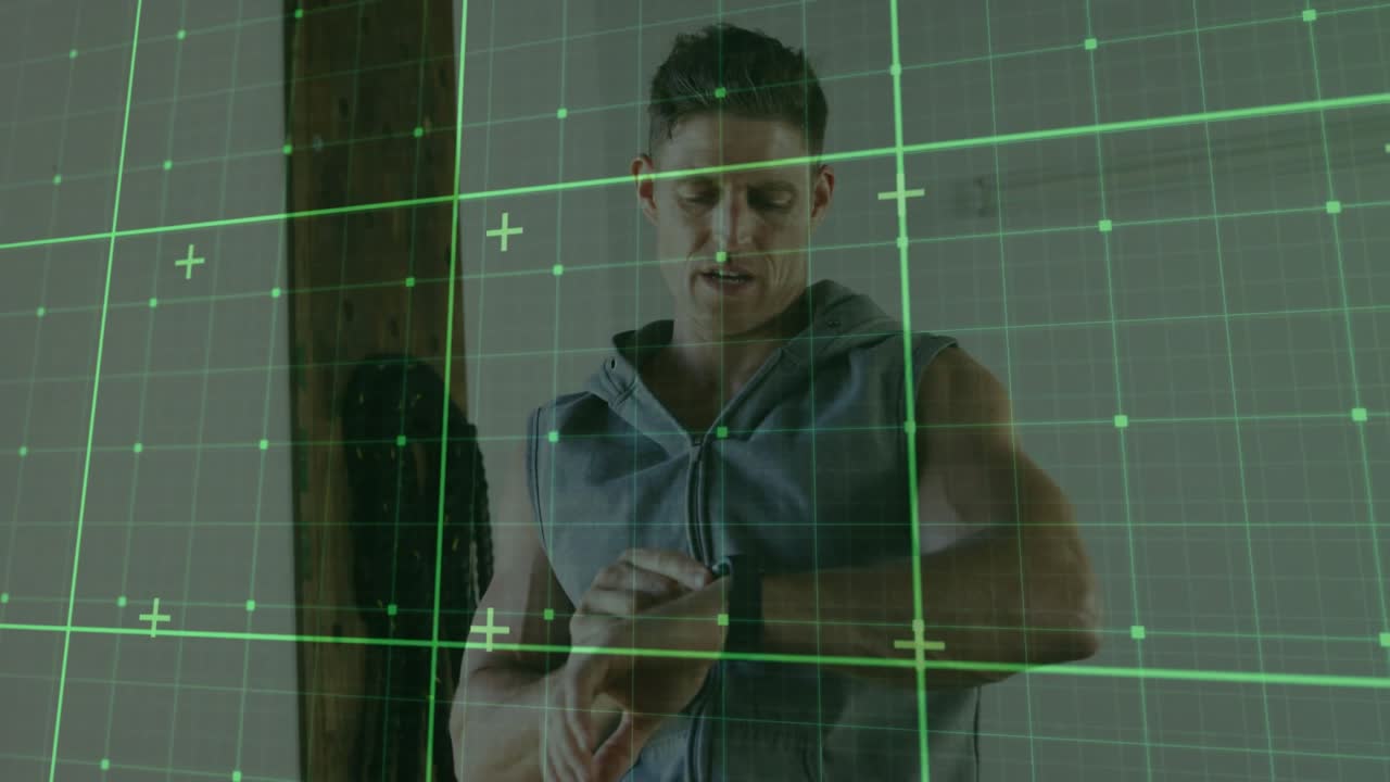 Fitness user gripping treadmill and checking smartwatch metrics with green grid tracking progress