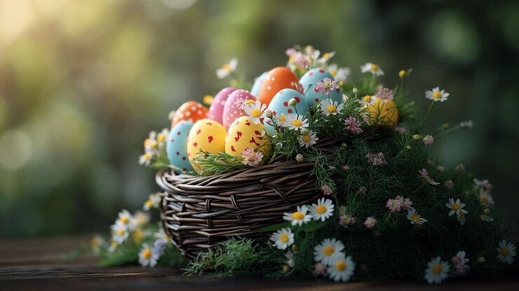 Colorful Easter eggs in a woven basket. A woven basket filled with vibrant Easter eggs surrounded by daisies and fresh greenery on a sunny day.