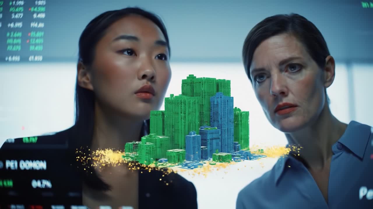 In a sleek office, two professionals engage in a serious discussion about urban development while analyzing a digital model of a city. The atmosphere is focused and collaborative.