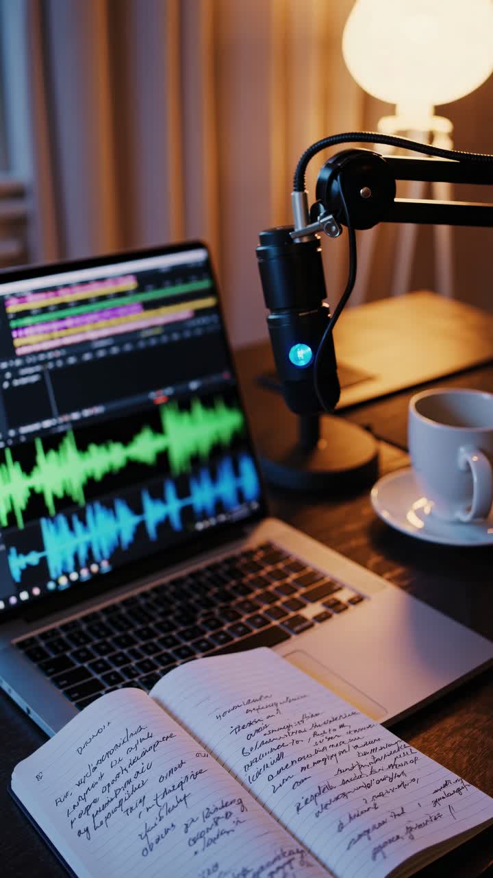 A cozy video podcast setup with a laptop showing audio editing software, a microphone