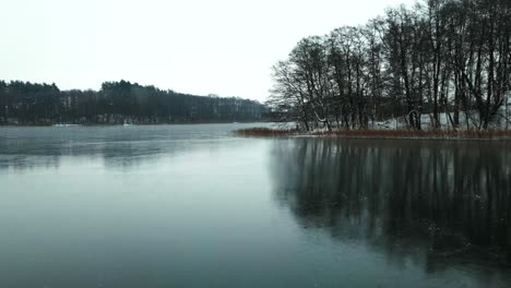Ein-Zugefrorener-See-Mit-Einem-Verschneiten-Wald-Im-Hintergrund