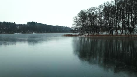 A-frozen-lake-with-a-snowy-forest-in-the-background