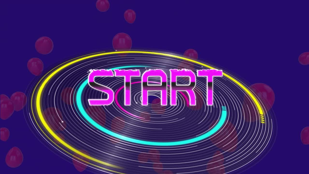 Animation of start text over scope scanning and balloons on blue background
