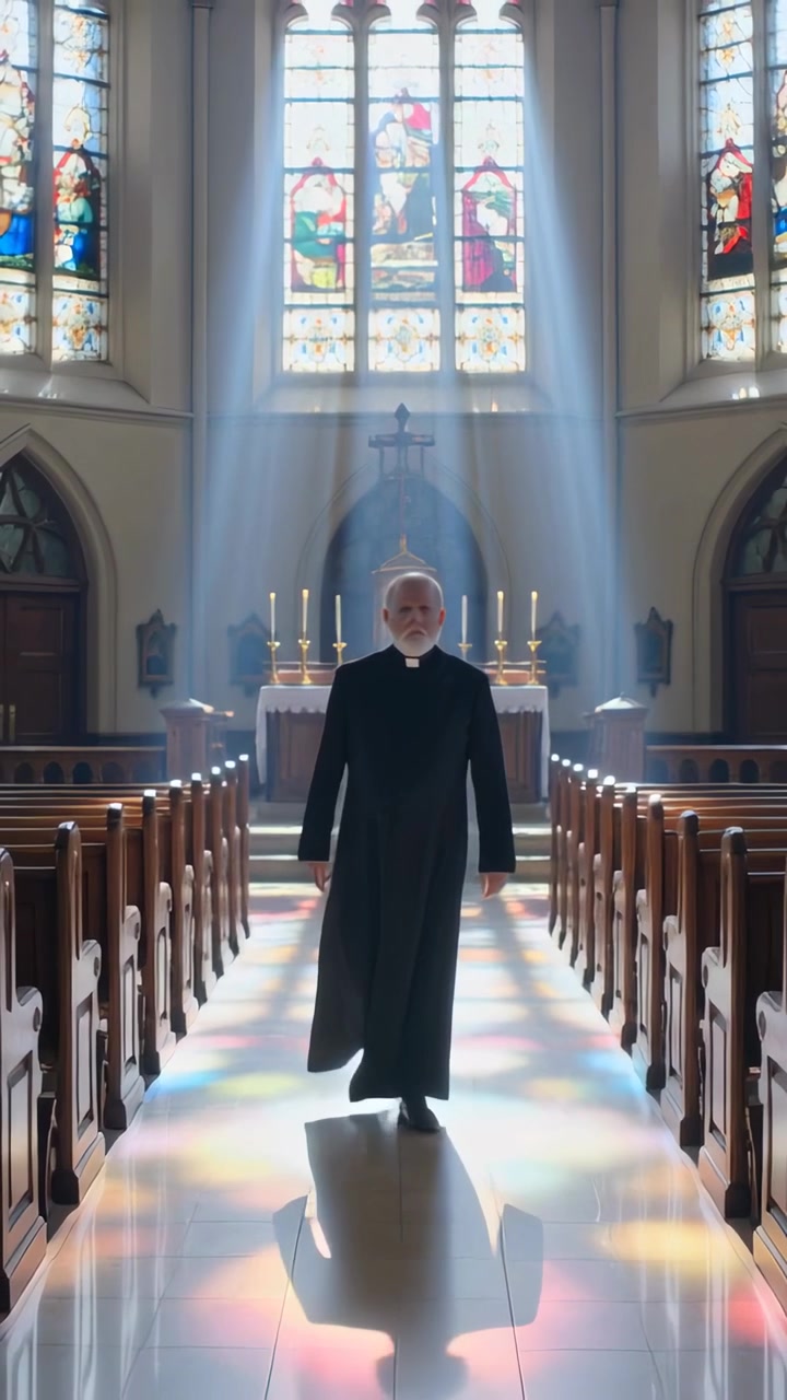 Video verticale: Sacerdote che cammina in tonaca e colletto, scendendo dall'altare lungo la navata, con fasci di luce.