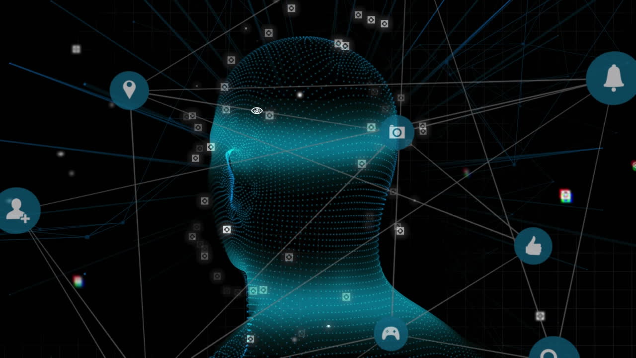 Animation of human head spinning with digital interface icons network