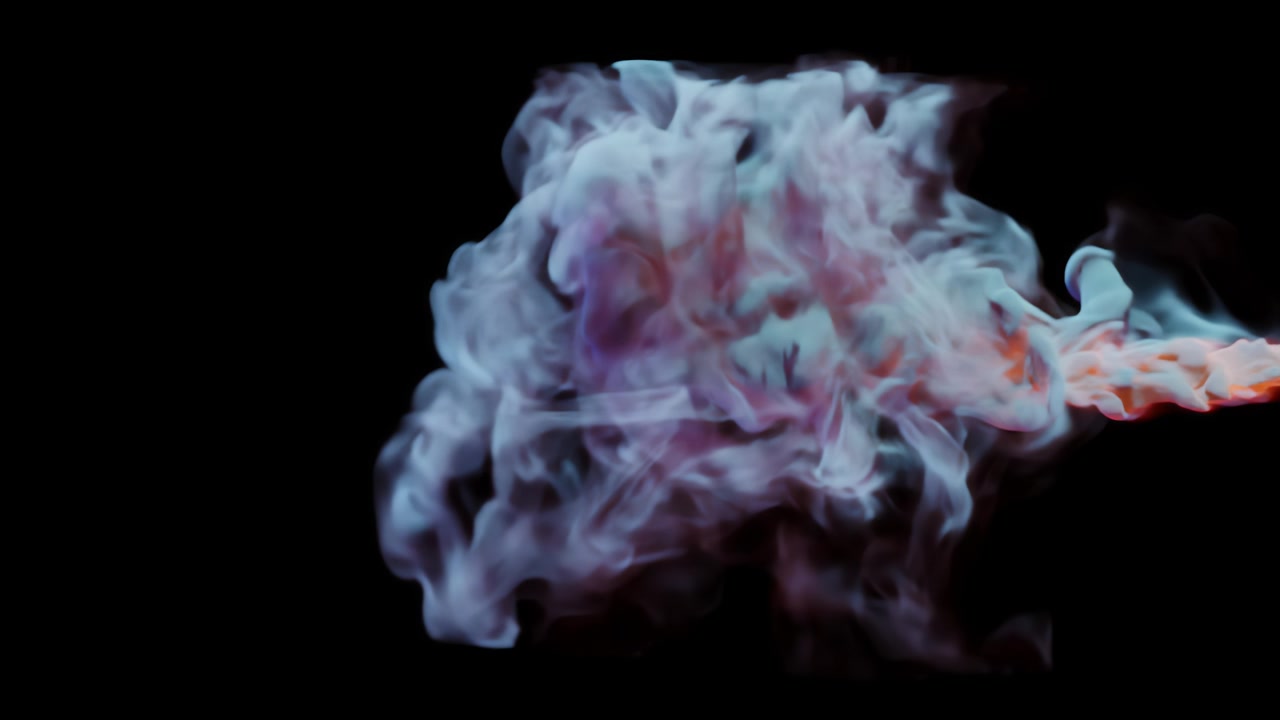 Flusso di fumo colorato su sfondo nero da studio, che può essere separato o utilizzato in modo continuo. Sbuffo di nuvola di fumo, nuvola d'inchiostro che vortica e scorre sott'acqua, fumo denso, alta densità e turbolenza, rendering 3D.