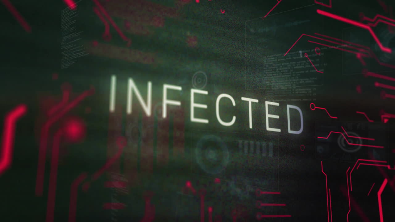 animación de texto infectado parpadeante y red de placa base sobre procesamiento de datos en fondo negro