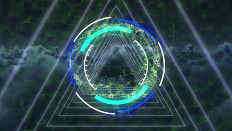 animation of scope scanning with digital brain over triangles and sky with clouds
