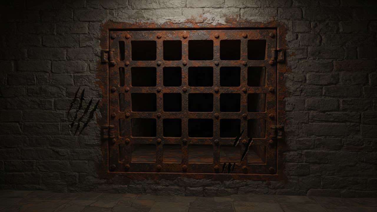 A Dark and Foreboding Metal Grate Set Against a Rough Stone Wall, Evoking Themes of Confinement and Mystery in an Eerie Environment