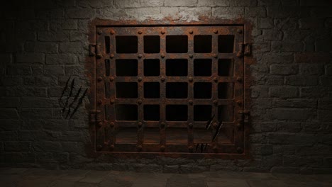 a dark and foreboding metal grate set against a rough stone wall, evoking themes of confinement and mystery in an eerie environment
