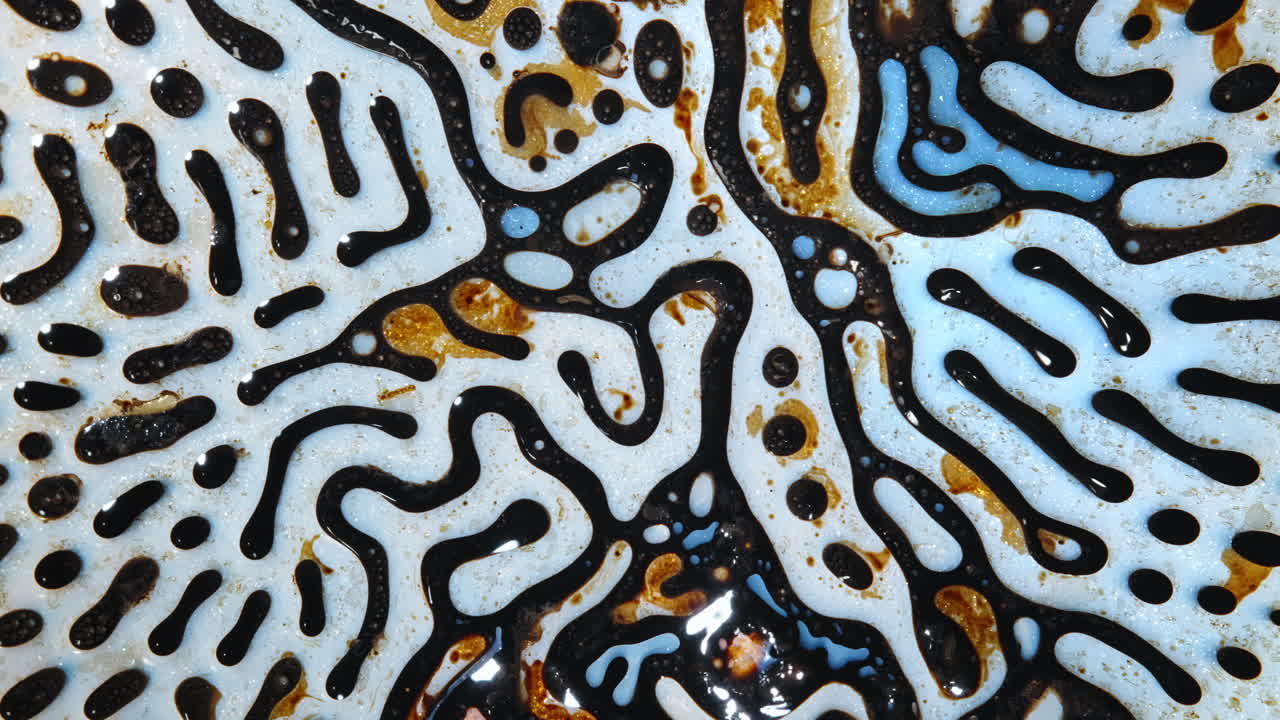 Colorful abstract patterns formed by liquids mixing, creating organic, fluid shapes, close-up